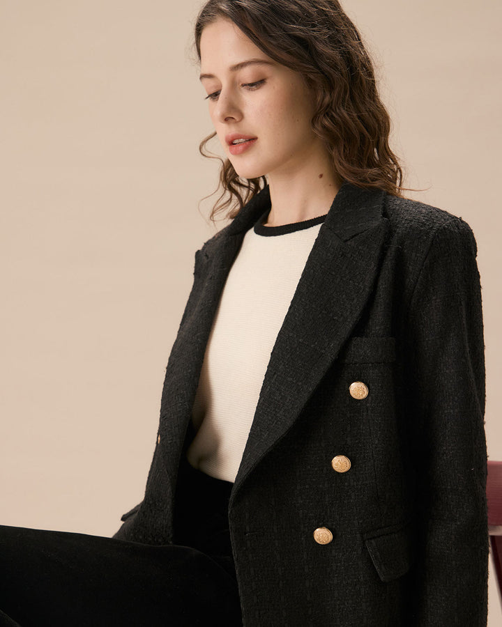 Siyah Çift Sıra Düğmeli Tweed Blazer