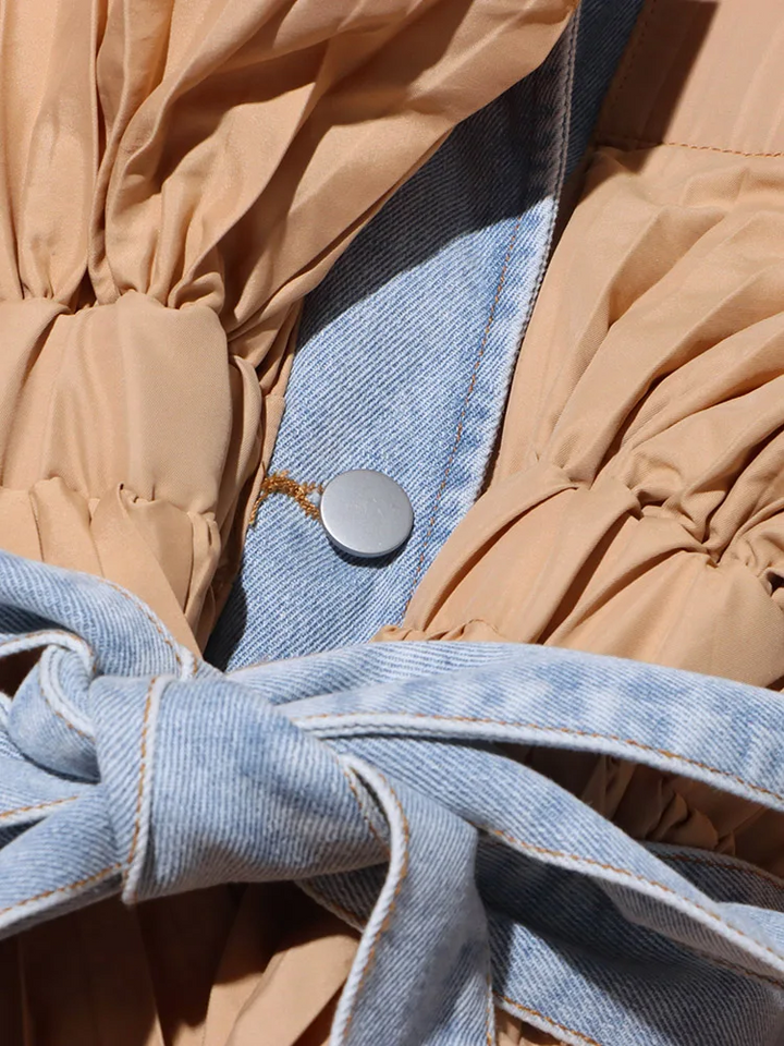 Pileli Volanlı Denim Uzun Kollu bağcıklı Ceket