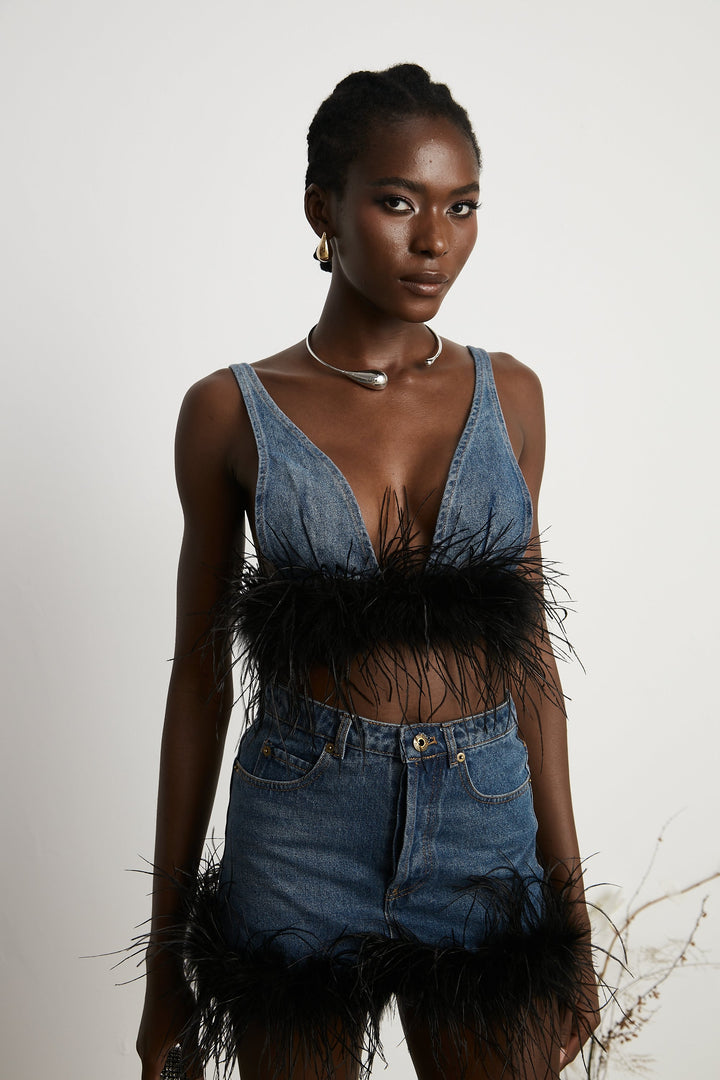 Milia Tüylü Denim Üst Ve Etek Uyumlu Set