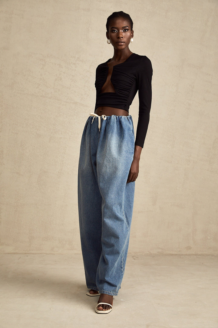 Eulalie Mavi Pilili Alçak Denim Pantolon