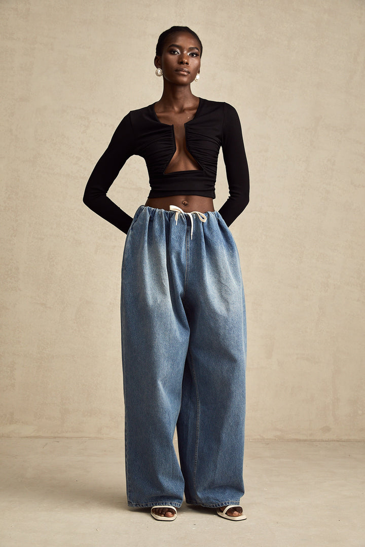 Eulalie Mavi Pilili Alçak Denim Pantolon