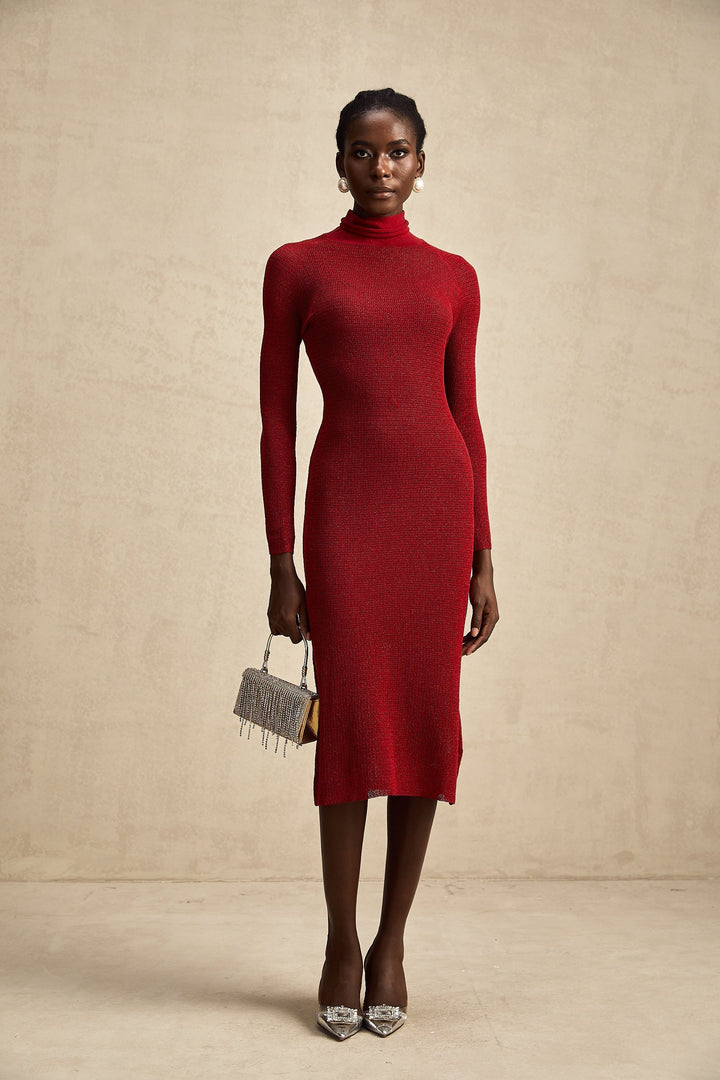 Arianee Kırmızı Metalik Pointelle Midi Elbise
