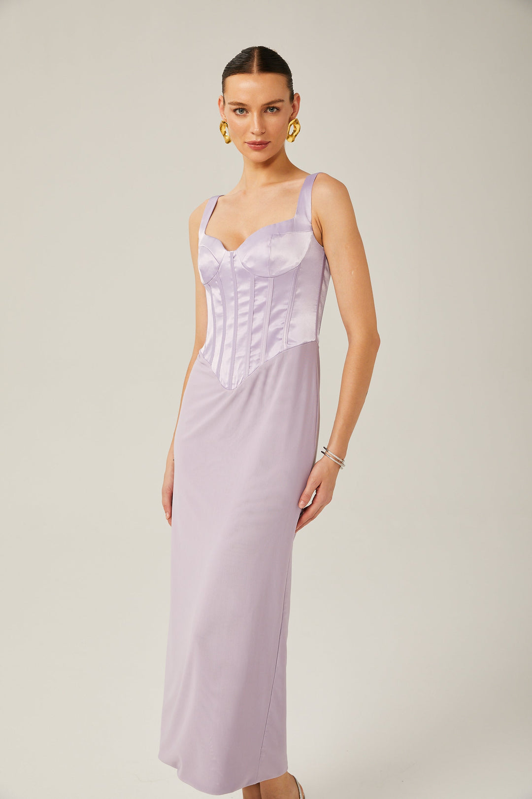 Amelina Mor Saten Korse Midi Elbise