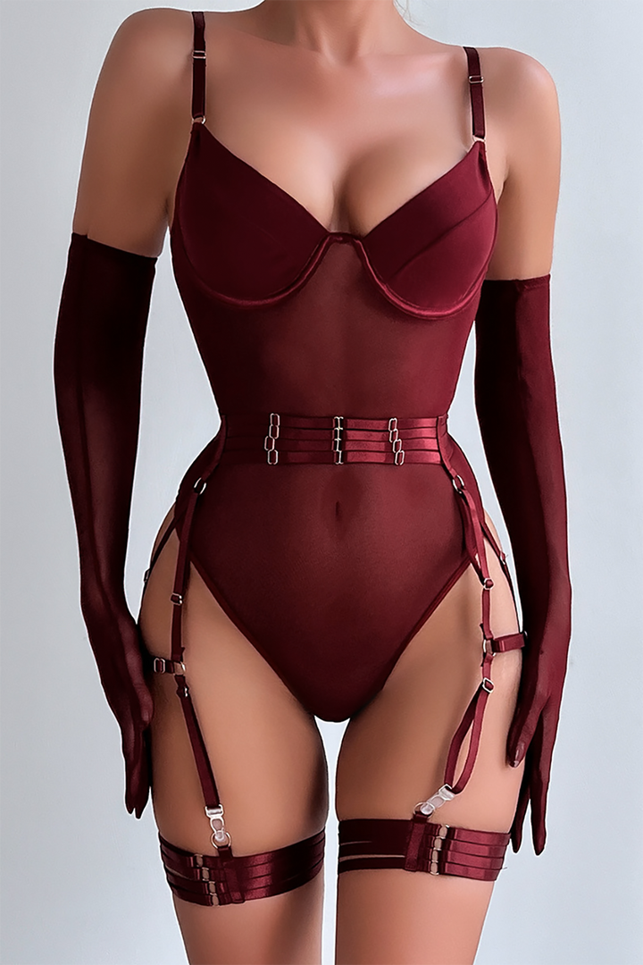 Şeffaf Mesh Kemerli Sırt Dekolteli Bodysuit Eldivenli