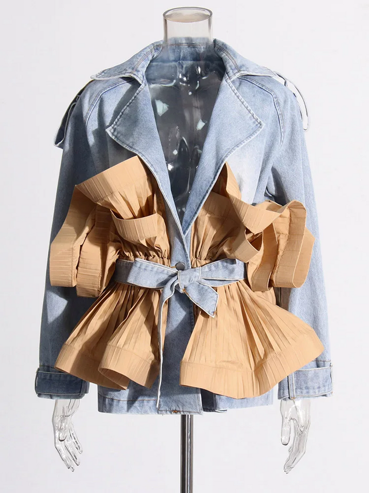 Pileli Volanlı Denim Uzun Kollu bağcıklı Ceket