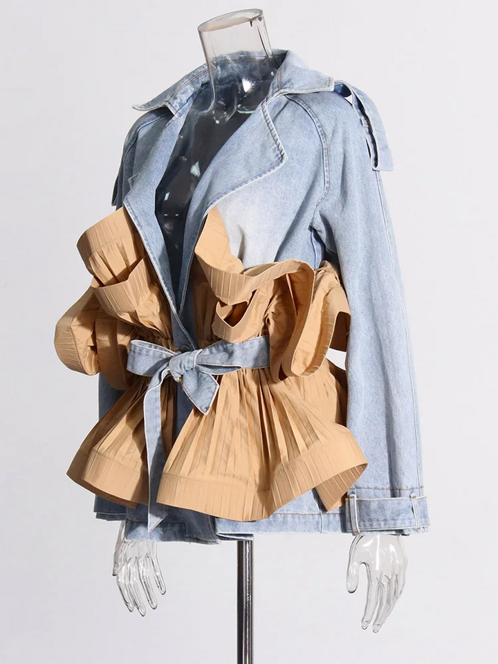 Pileli Volanlı Denim Uzun Kollu bağcıklı Ceket