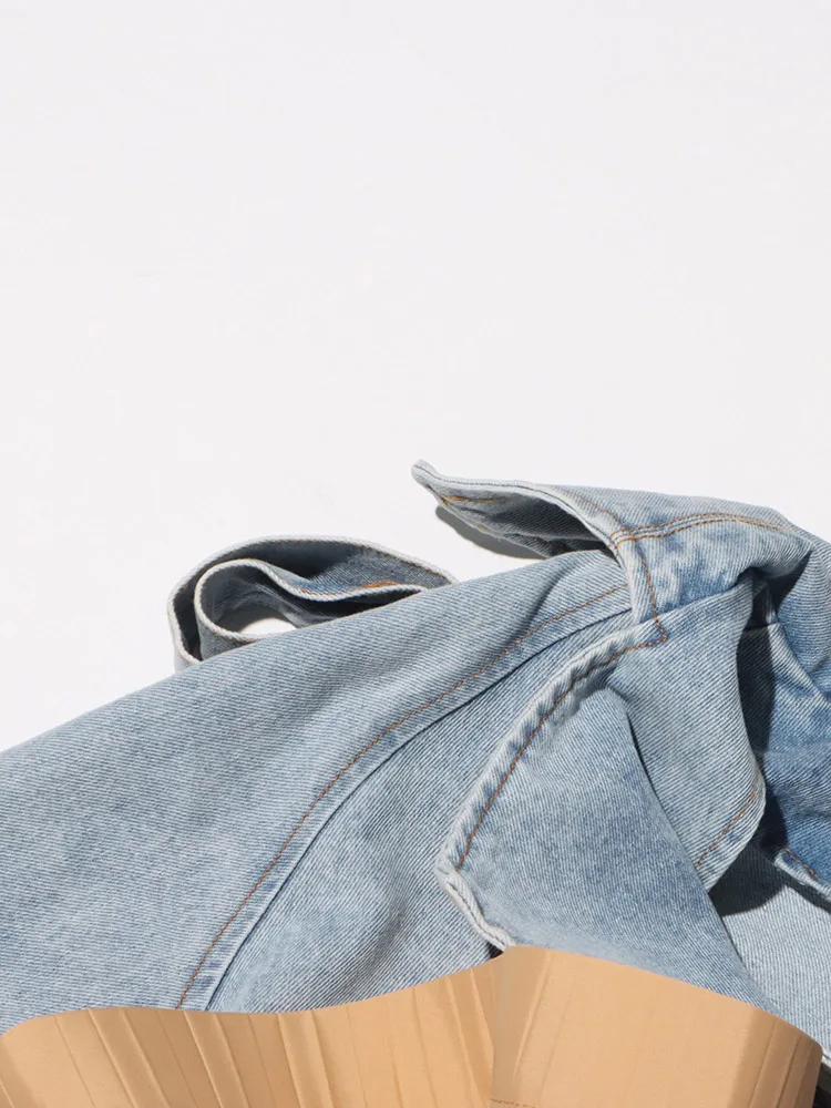 Pileli Volanlı Denim Uzun Kollu bağcıklı Ceket