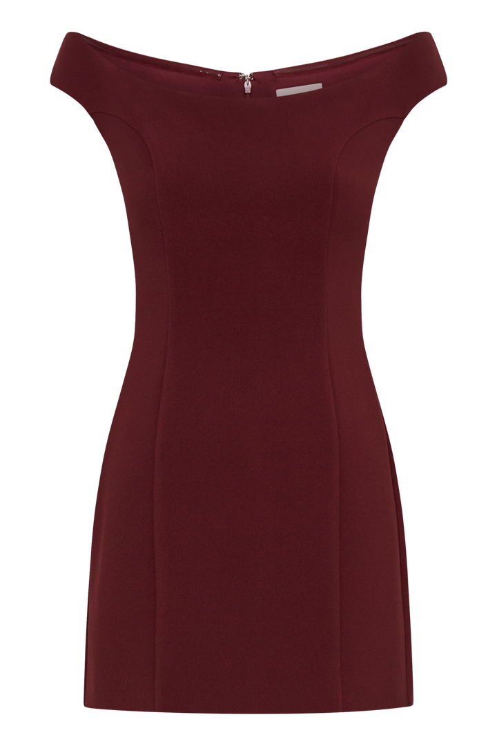 Levaru  Cassidy Krep Düşük Omuz Mini Elbise - Merlot