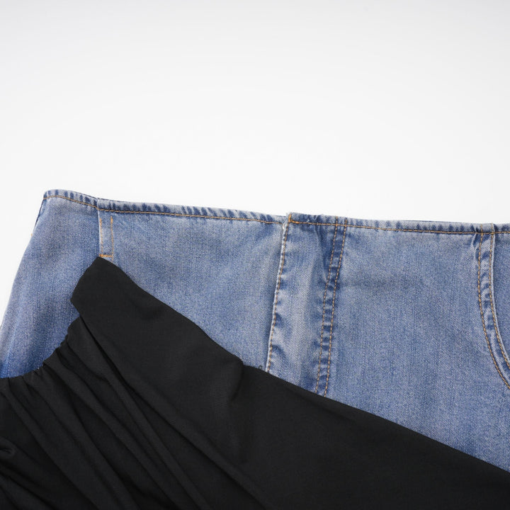 Nala Jarse Panelli Denim Üst Ve Etek Uyumlu Set
