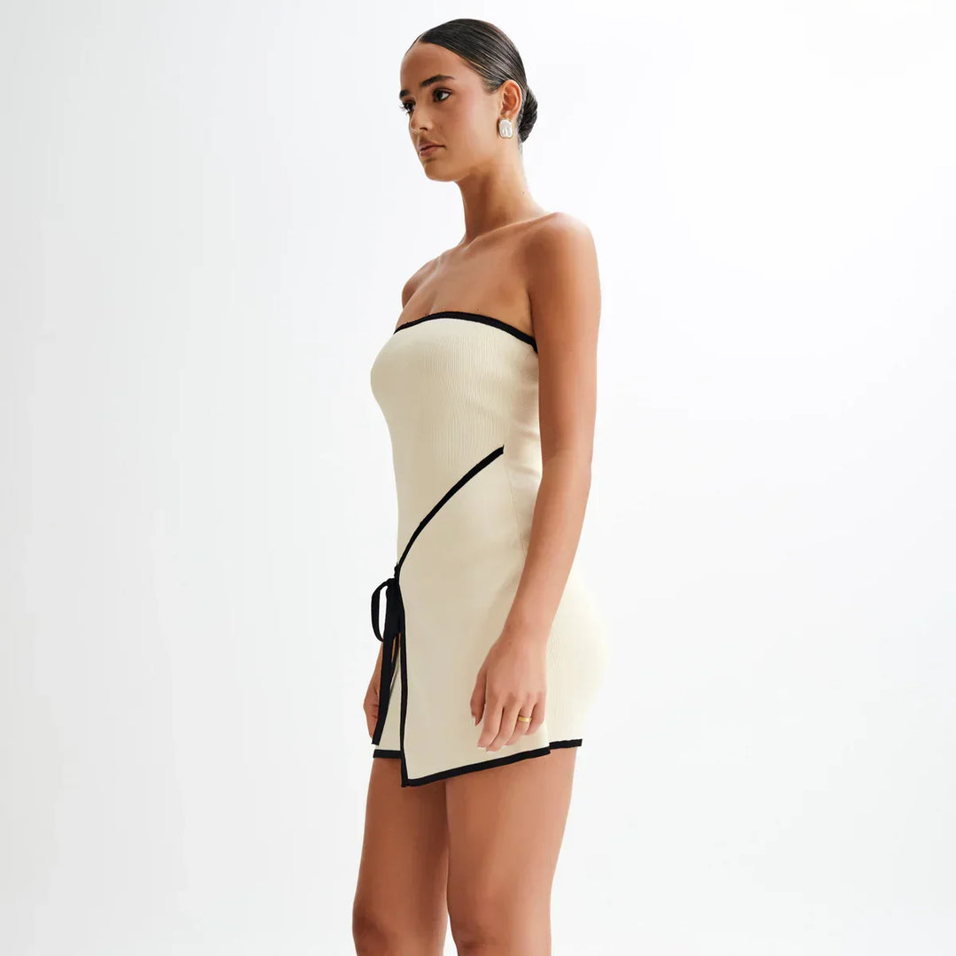 Simply Elegant Straplez Fildişi Örgü Mini Elbise