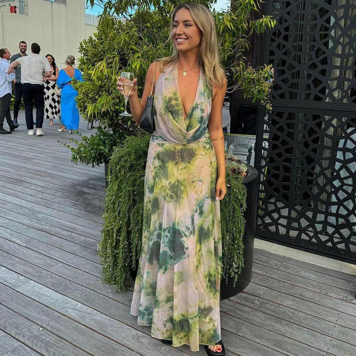 Amélie Sırtı Açık Halter Maxi Elbise