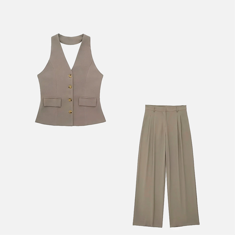 Halter Yaka Yelek ve Pantolon Takımı