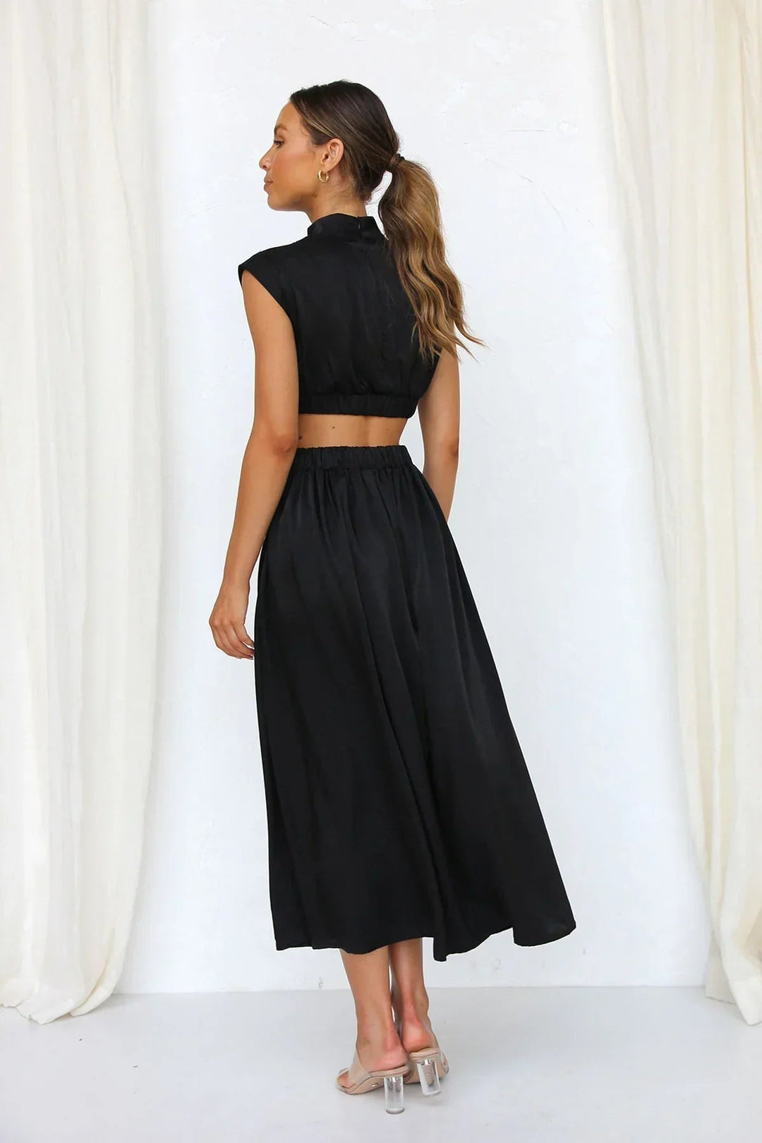 Valentina High-Neck Midi Dress with Waist Cutouts