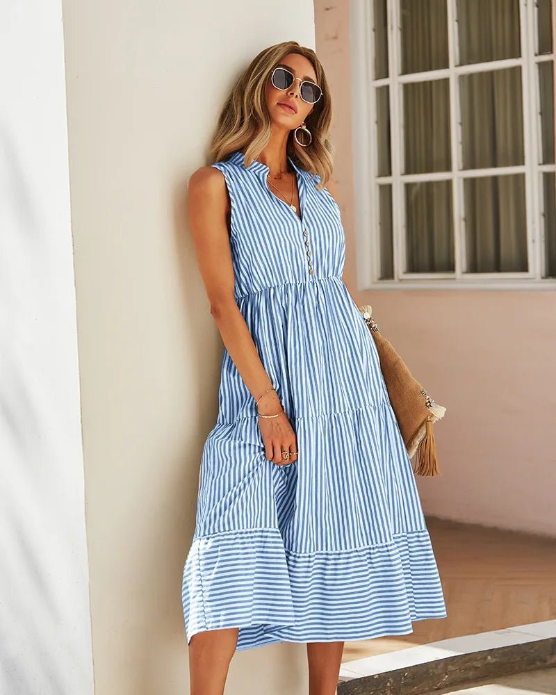 Bianca Striped V-Neck Sleeveless Shirt Dress