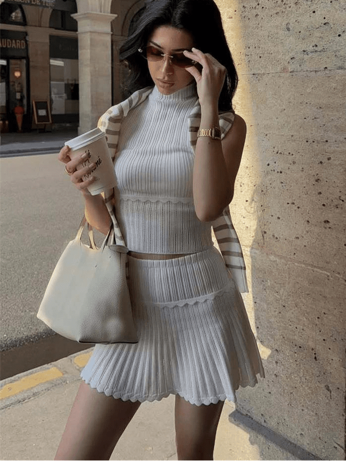 Kelly Two-Piece Knitted Crop Top & Pleated Mini Skirt Set