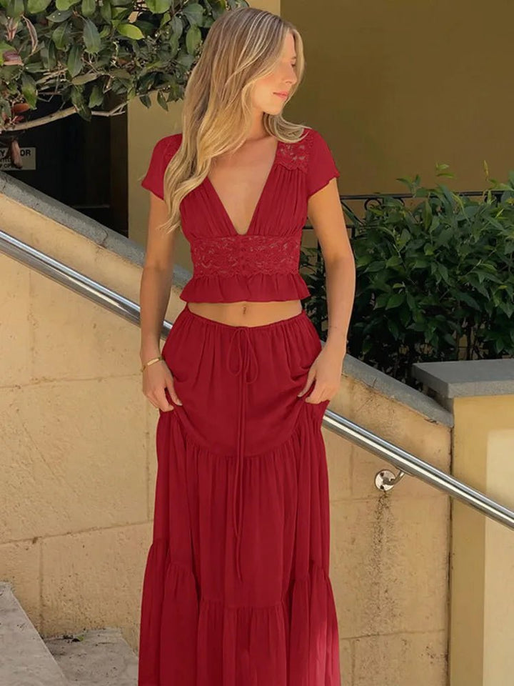 Beatrice Lace Chiffon Top & Skirt Set