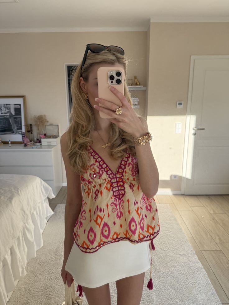 Agrafena Embroidered Boho Tassel Tie Cami Top