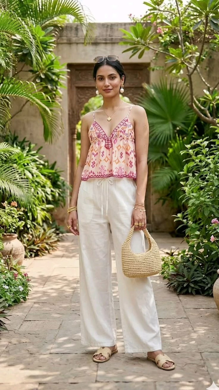 Agrafena Embroidered Boho Tassel Tie Cami Top