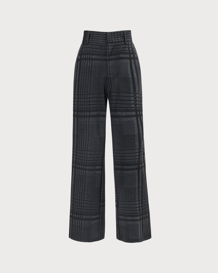 Gri Yüksek Bel Ekose Geniş Paça Pantolon